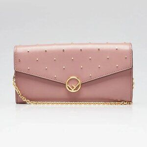 Fendi Dark Pink Studded Leather Continental Wallet On Chain